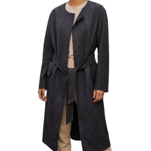 MNG Basics/MANGO Women's Collarless Belted Suede Black Trench Coat Size XS